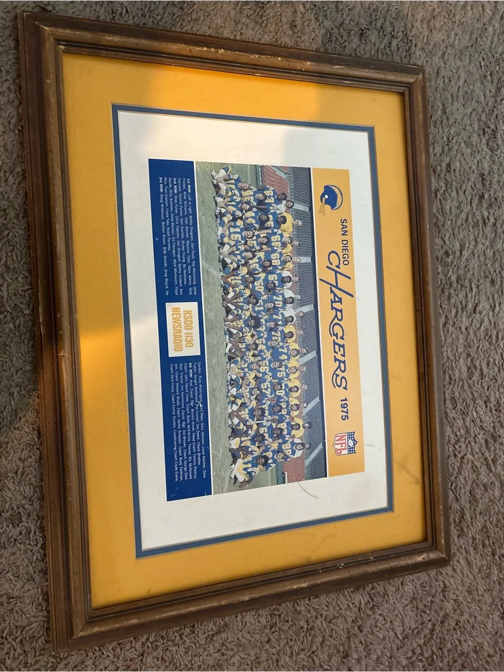 1975 Framed Chargers Team Print - Yellow and Blue missing glass